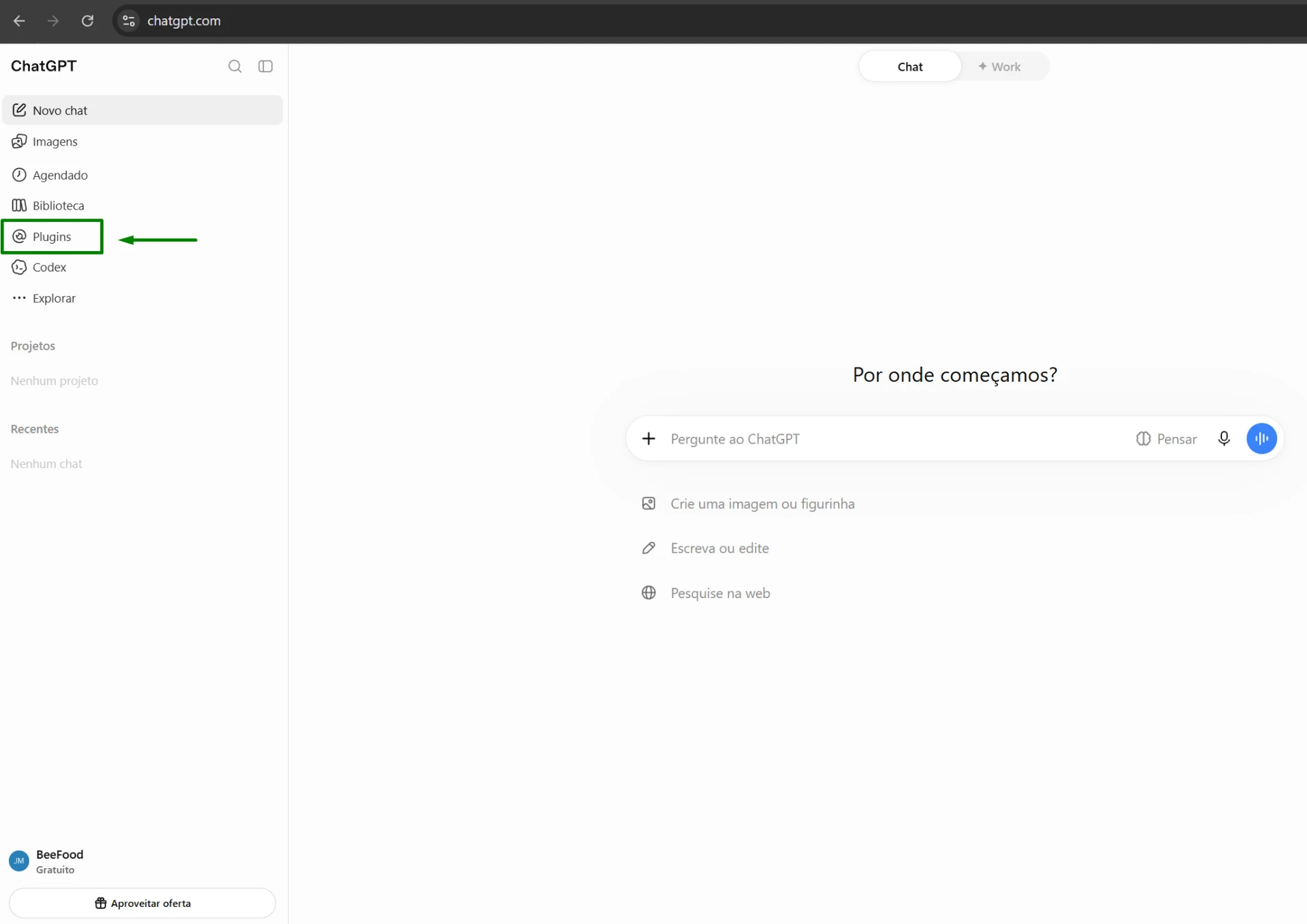 Menu Plugins no ChatGPT