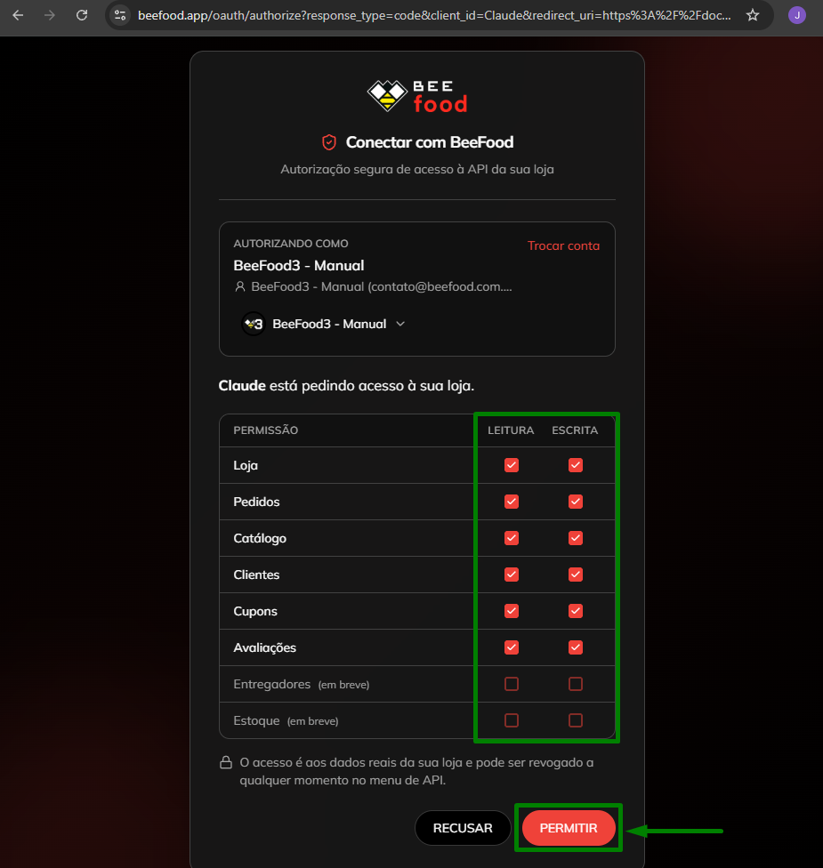 Tela de permissões da BeeFood