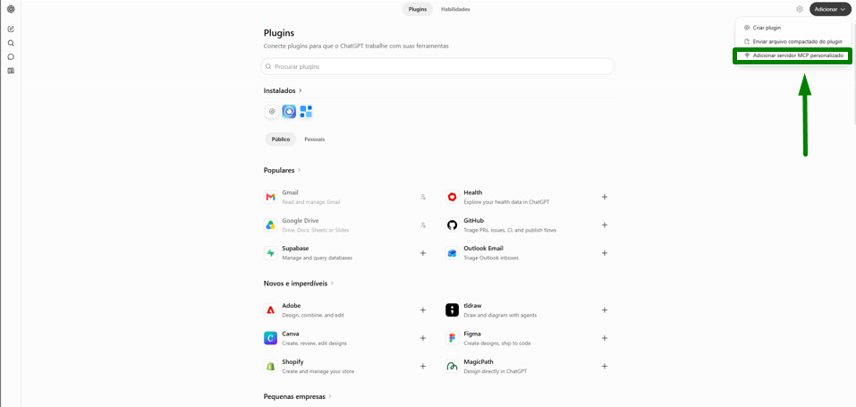 Adicionar servidor MCP personalizado